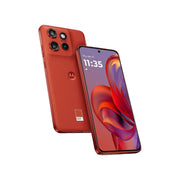 Red smartphone showing front and back on a white background
