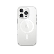 An Apple iPhone 16 Pro Clear Case with MagSafe feature, showcasing the back side of the phone with the camera and Apple logo visible.