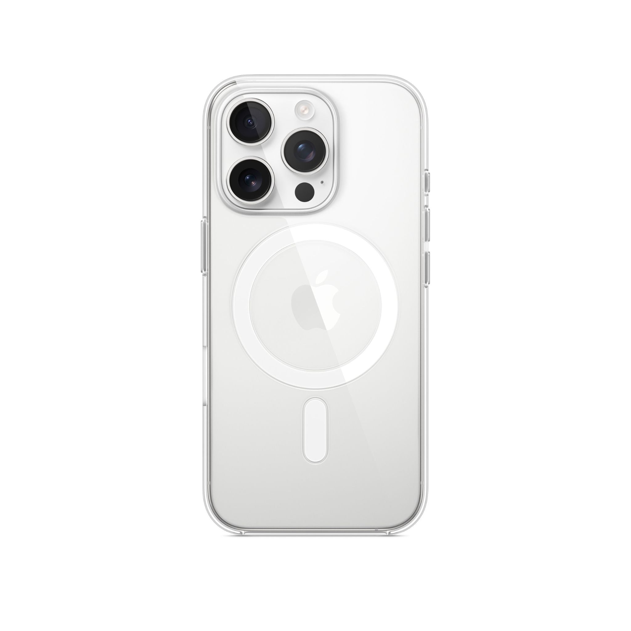 An Apple iPhone 16 Pro Clear Case with MagSafe feature, showcasing the back side of the phone with the camera and Apple logo visible.