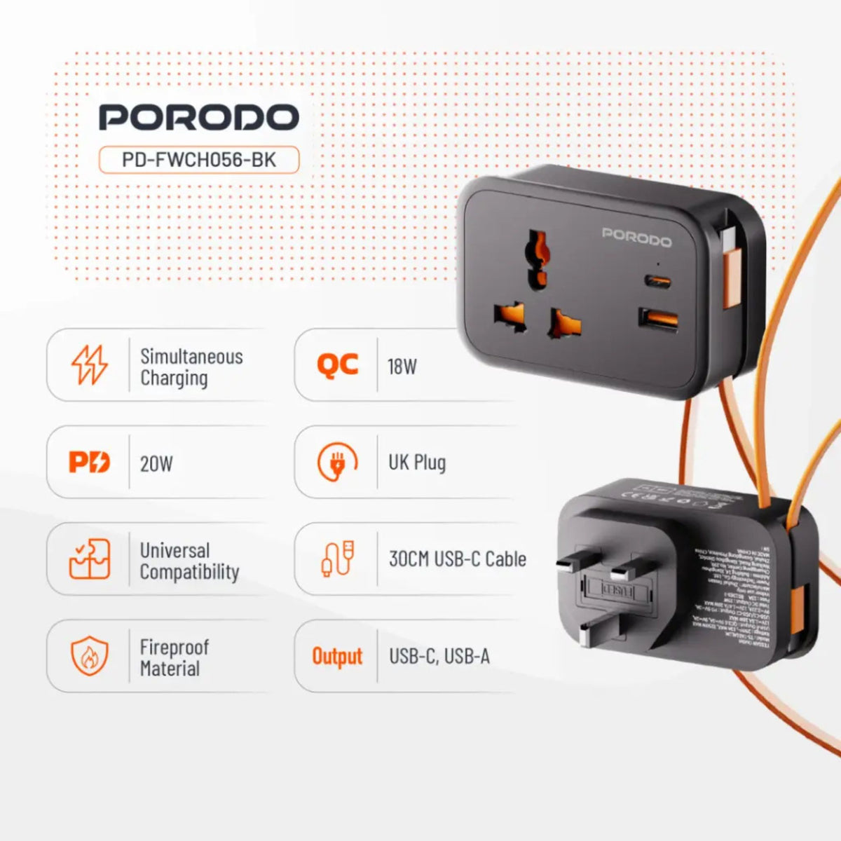 Socket Fire Prof Porodo Universal Wall Socket with 30cm Built-in USB-C Cable, Simultane ...