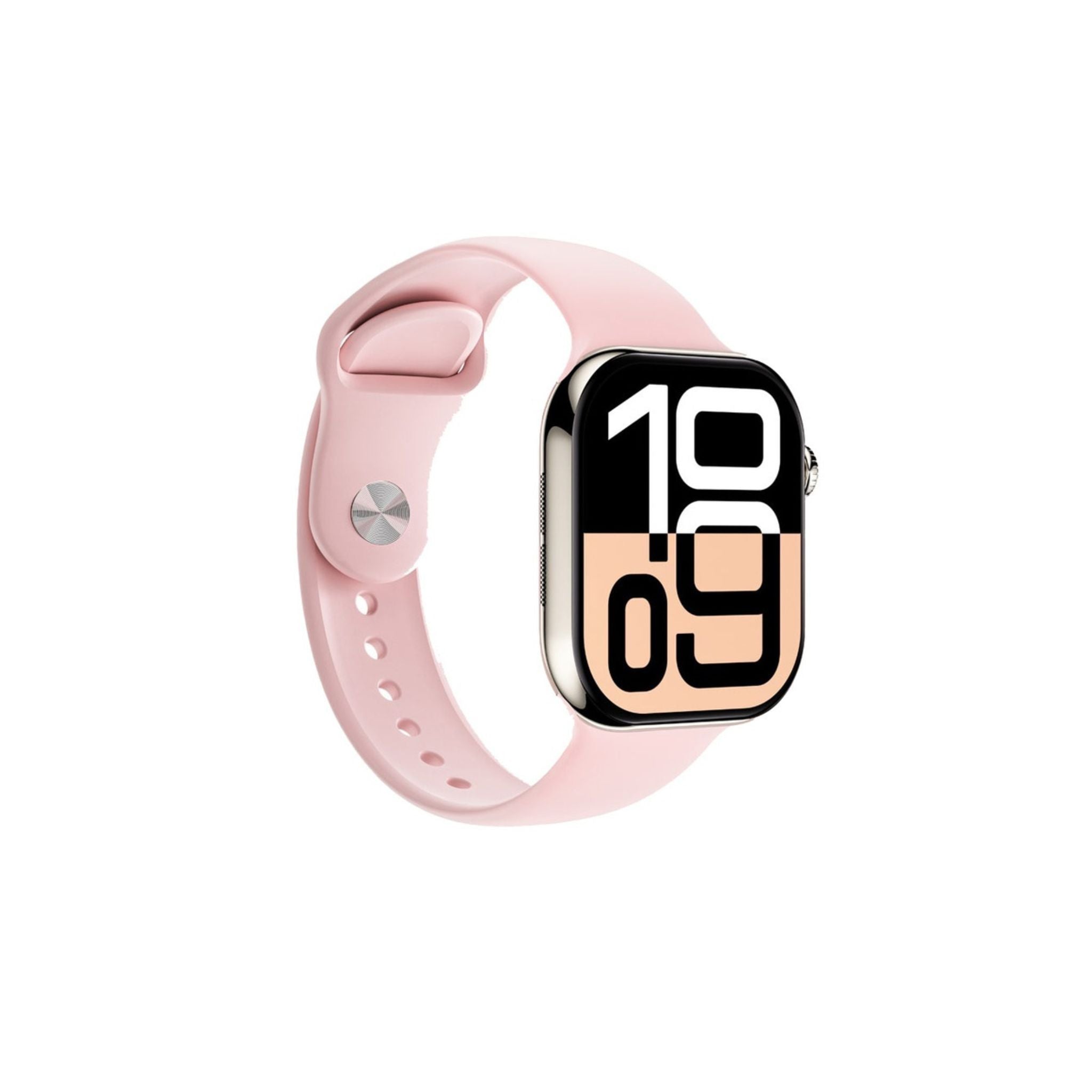 A rose gold Green Lion smart watch with a pink silicone band and a digital display showing time and date.