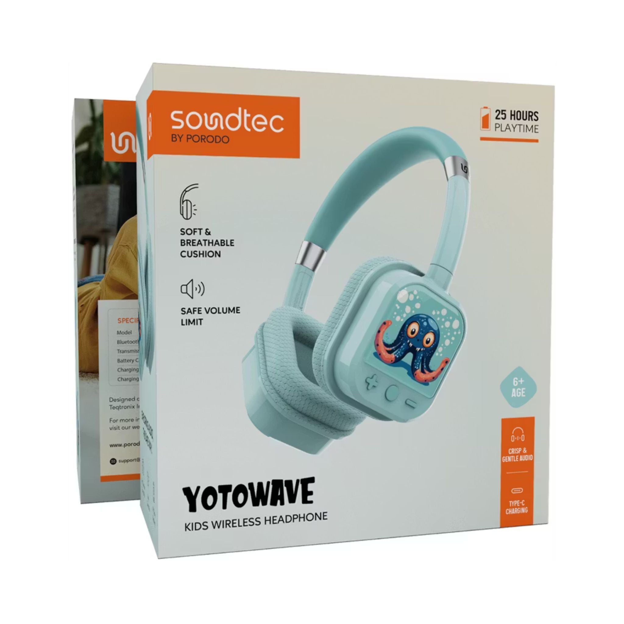 Porodo Soundtec Yotowave Kids Wireless Headphones with Comfortable & Breathable Cushion, 200mAh Battery, Up to 25 Hours Play Time, 40mm Speaker Size, Bluetooth Version 5.4, Recommended for Kids Aged 6+, Skin-Friendly Material, Safe Volume Limit - Bright