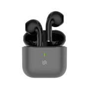 Black wireless earbuds in a gray charging case on a white background
