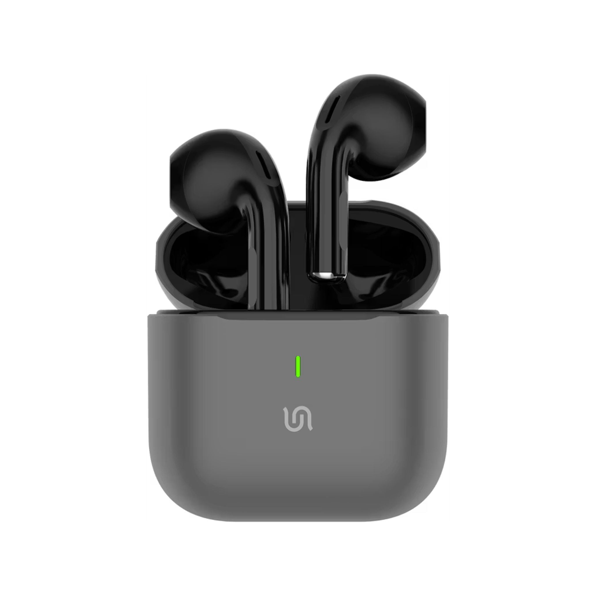 Black wireless earbuds in a gray charging case on a white background