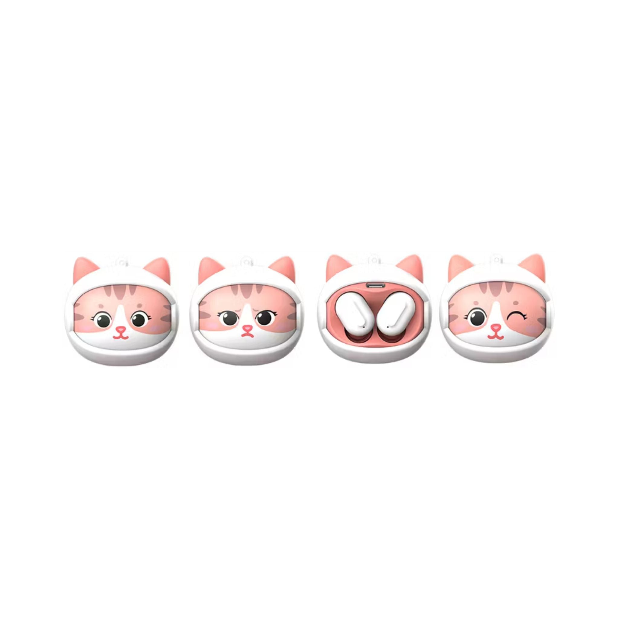 Green Lion Kitty Beats True Wireless Earbuds with 3 Custom Faces, Bluetooth 5.4, Touch Control, Voice Assistant, Clear Call Quality, Type-C Charging Port - White