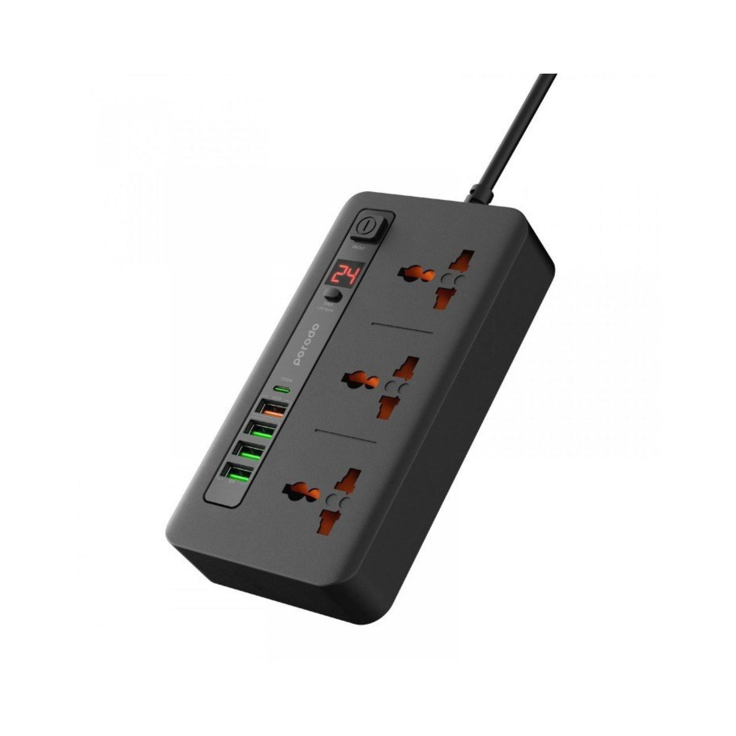 Porodo Multi-Port Power HUB with Power Button & Timer, Over-Heat Protection, 4 USB-A, 1 USB-C, 2m Power Cord - Black