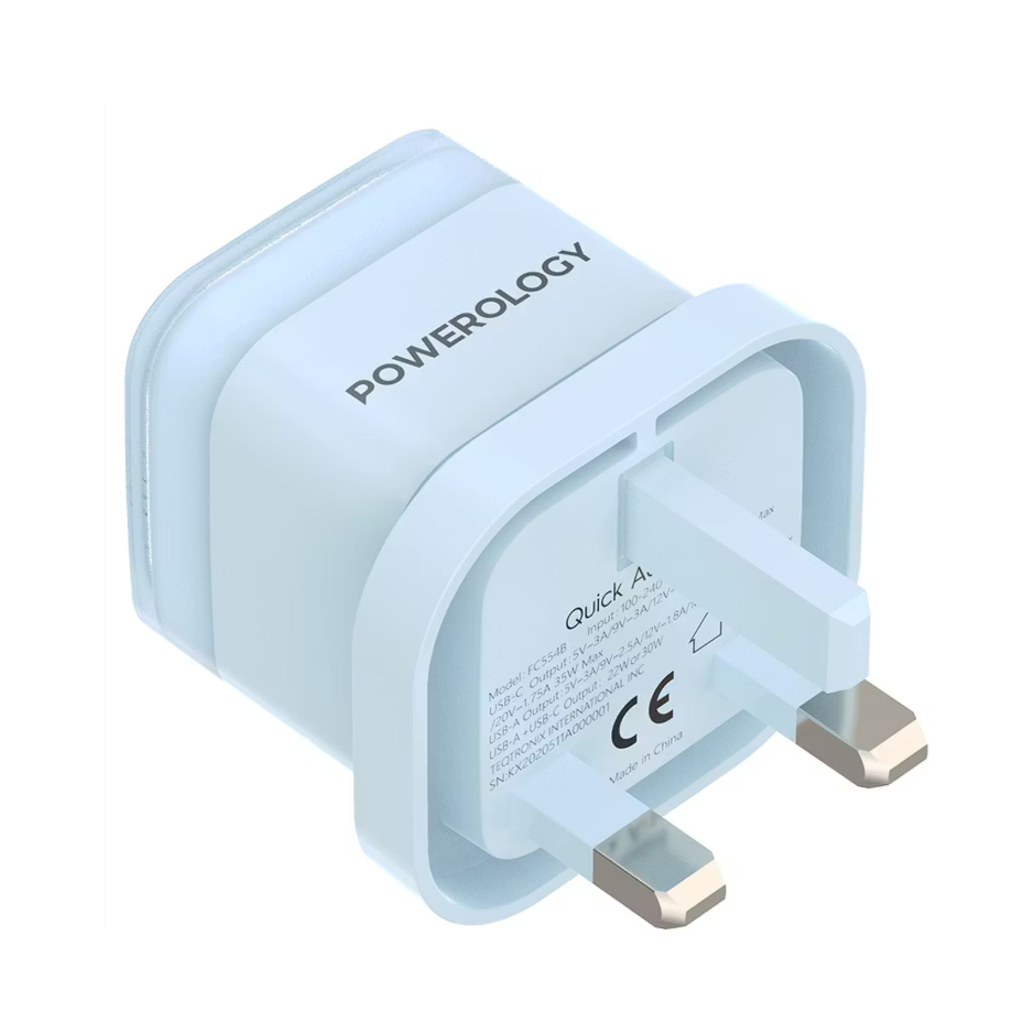 Powerology Lunex Dual-Port Fast Charging Adapter with USB-C & USB-A Ports, 35W Power Delivery, 22.5W USB-A Output, UK 3-Pin Plug, Universal Protocol Support, Multi-Device Charging - Blue