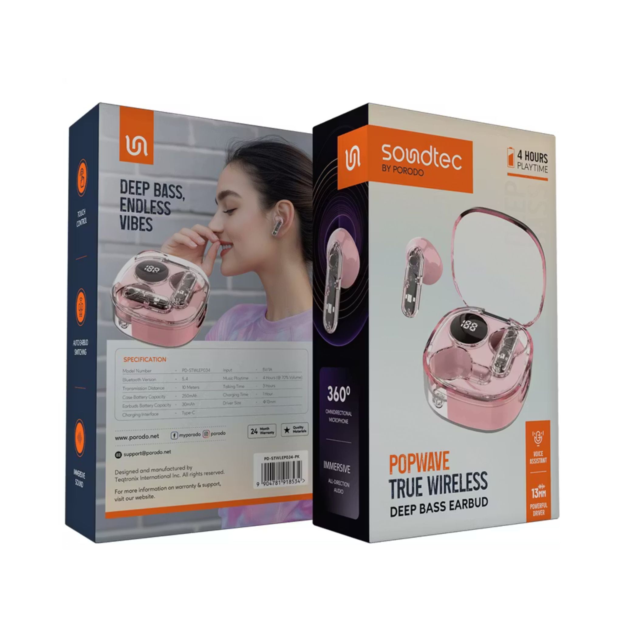 Porodo Soundtec Popwave True Wireless Earbuds with Up to 4 Hours of Playtime, 10m Transmission Distance, Bluetooth Version 5.4, 360° Omnidirectional Microphone - Pink