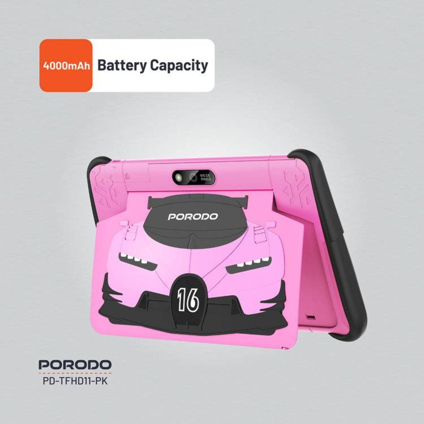 Porodo 10.1" Kids Android Tablet with 4000 mAh Battery Capacity, 64GB Storage, 2GB RAM, Type-C Charging Port, Audio Jack, Bluetooth V4.2, 2 Nano Sim Cards, Android 11 - Pink