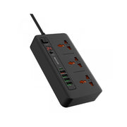 A black Porodo Multi-Port Power HUB with multiple USB ports, a power button, and a timer feature.
