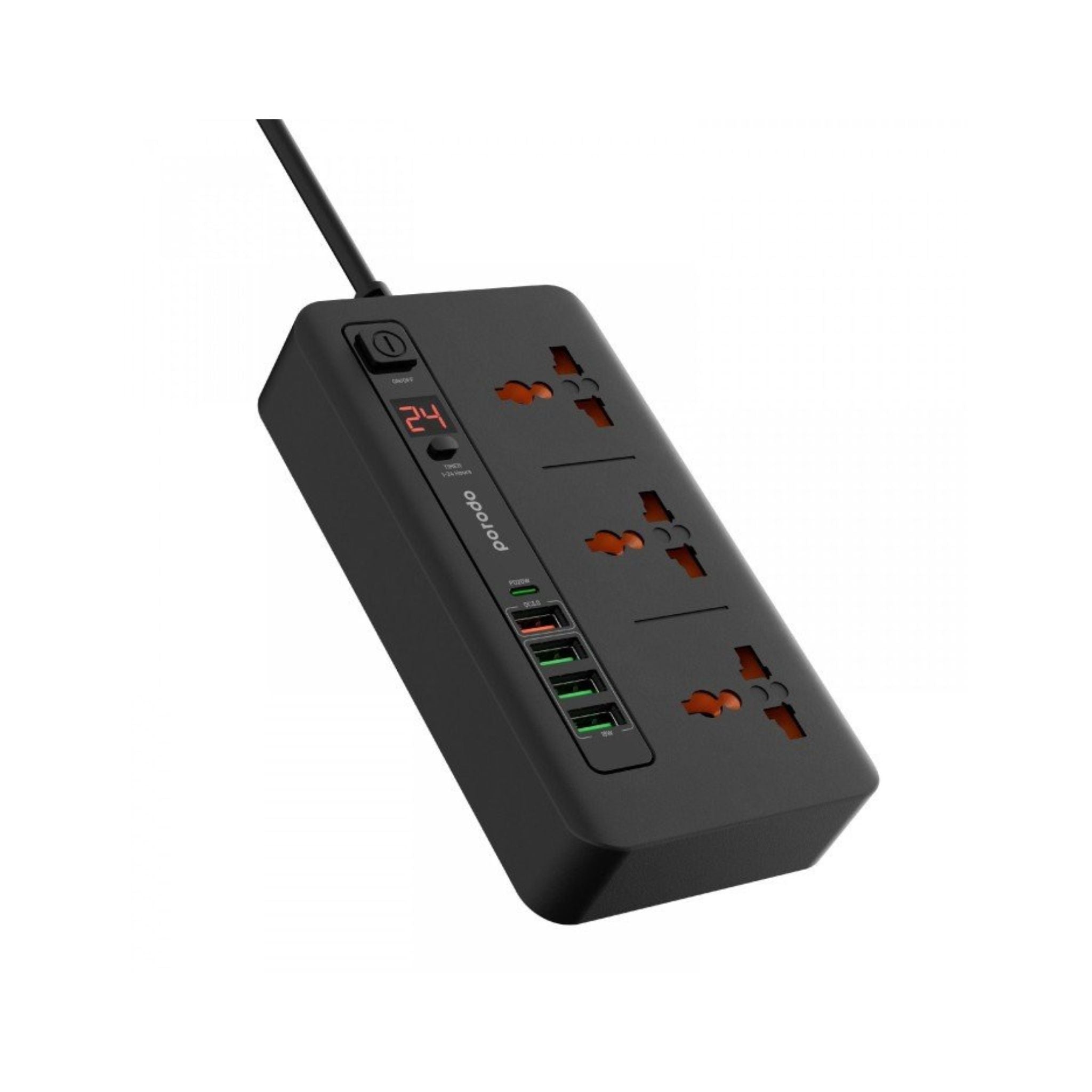 A black Porodo Multi-Port Power HUB with multiple USB ports, a power button, and a timer feature.