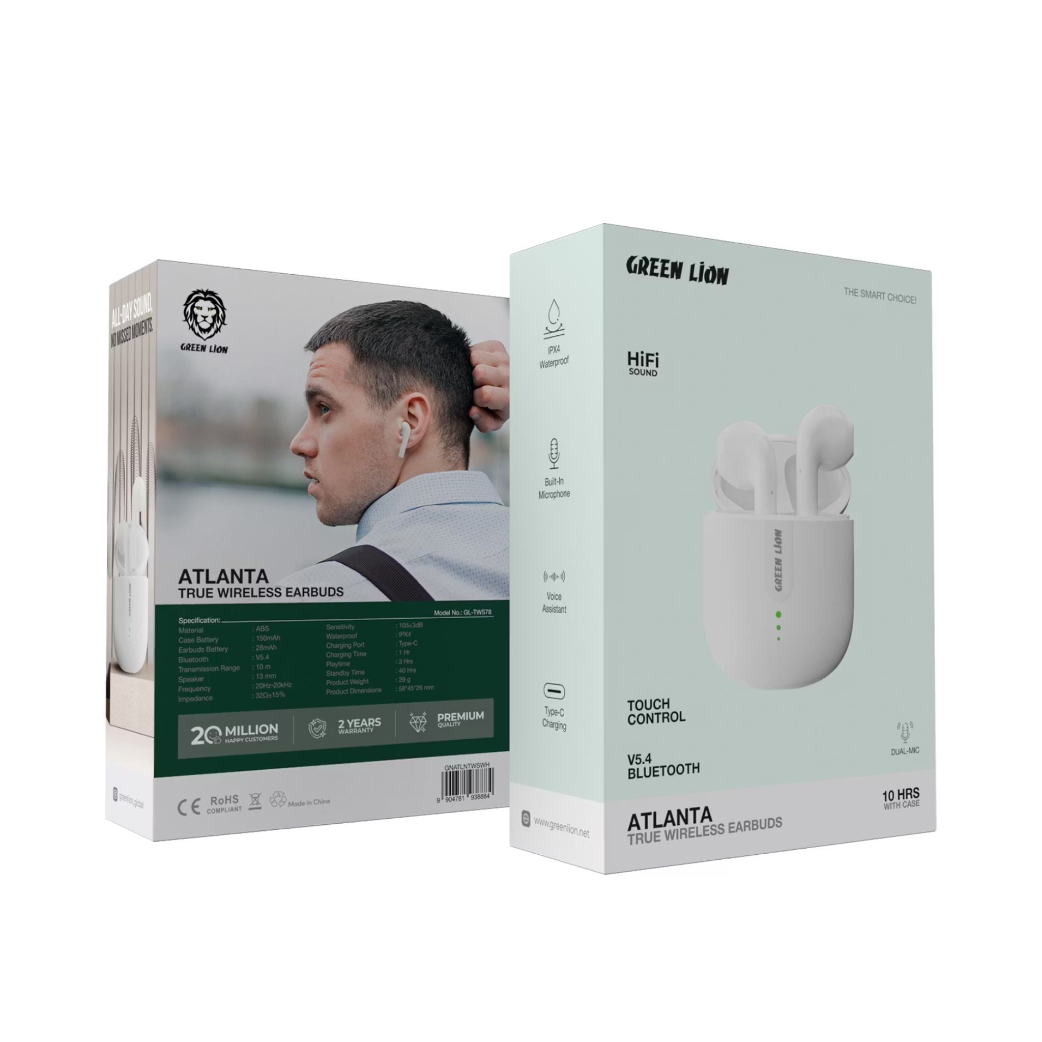 Green Lion Atlanta True Wireless Earbuds with Built-in Microphone, IPX4 Waterproof Level, Voice Assistant, HiFi Sound, Touch Control, 3 Hours Playtime - White