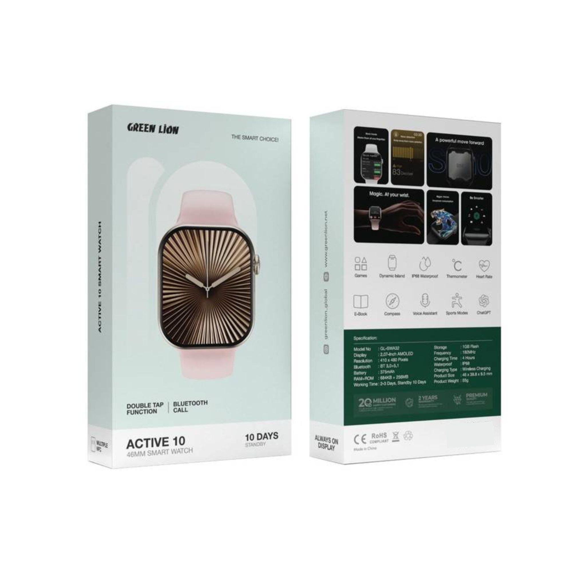 Green Lion Ultimate10 46mm Smart Watch with Voice Assistant, Bluetooth Calling, Double Tap Function, Heart Rate Monitoring, ChatGPT Support, 2-3 Days Working Time & 10 Days Standby Time, 3 Hours Charging Time - Rose Gold