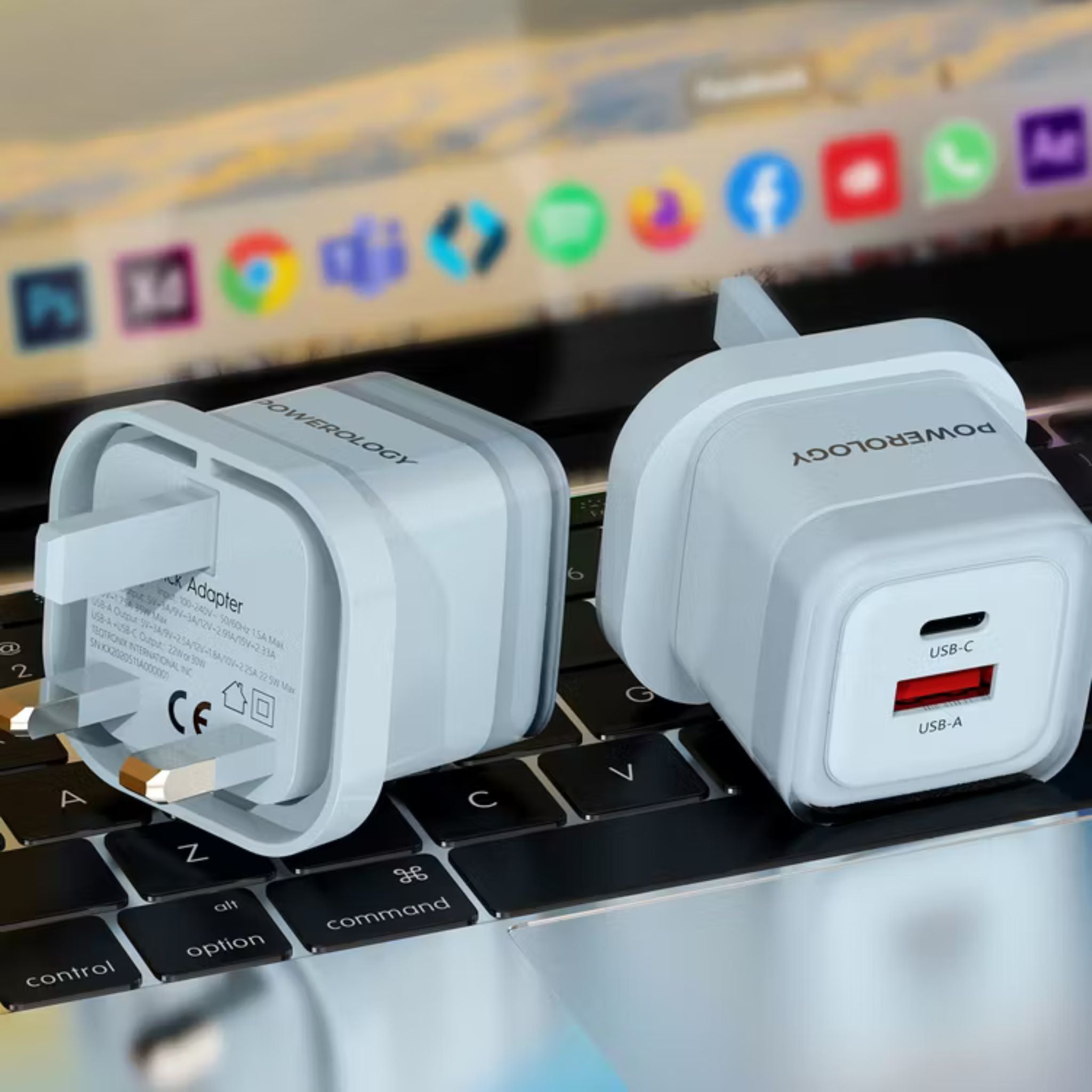 Powerology Lunex Dual-Port Fast Charging Adapter with USB-C & USB-A Ports, 35W Power Delivery, 22.5W USB-A Output, UK 3-Pin Plug, Universal Protocol Support, Multi-Device Charging - Blue