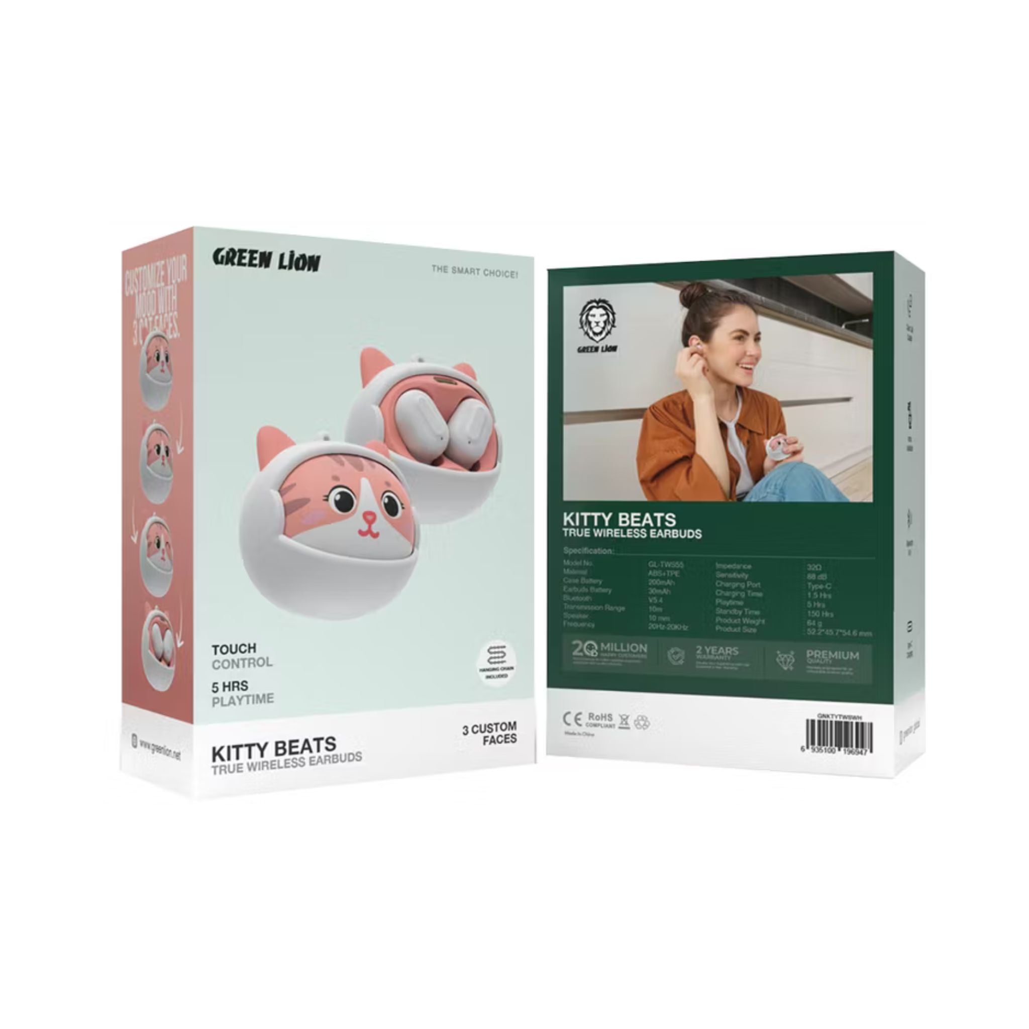 Green Lion Kitty Beats True Wireless Earbuds with 3 Custom Faces, Bluetooth 5.4, Touch Control, Voice Assistant, Clear Call Quality, Type-C Charging Port - White