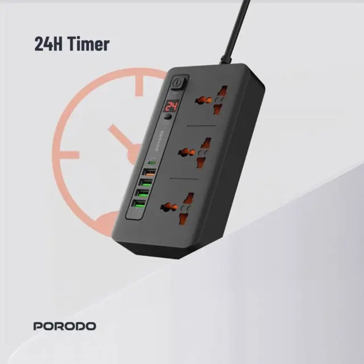 Porodo Multi-Port Power HUB with Power Button & Timer, Over-Heat Protection, 4 USB-A, 1 USB-C, 2m Power Cord - Black