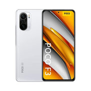 A Poco F3 smartphone in Arctic White color, with the dual-camera system on the back and the Poco F3 branding on the front.