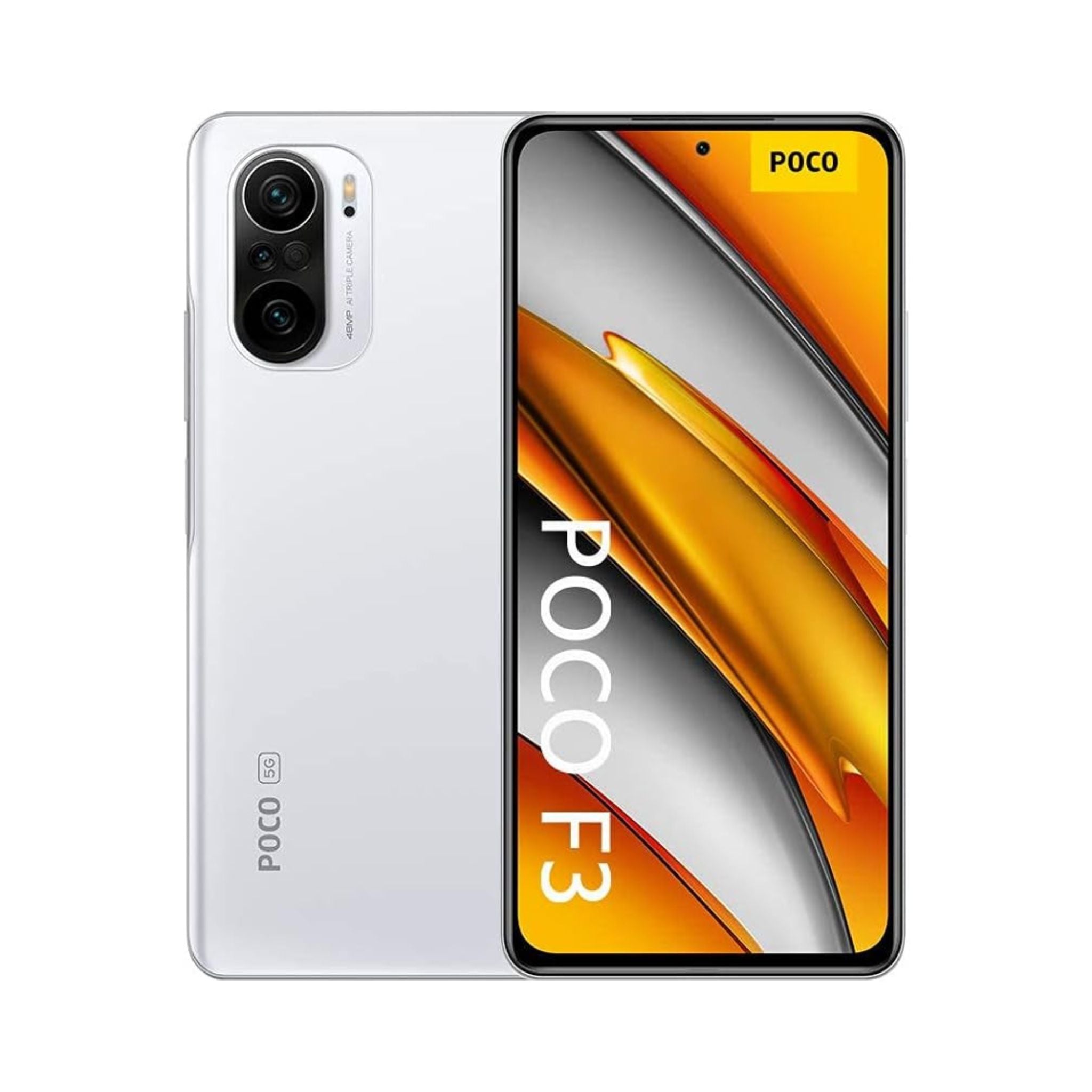 A Poco F3 smartphone in Arctic White color, with the dual-camera system on the back and the Poco F3 branding on the front.