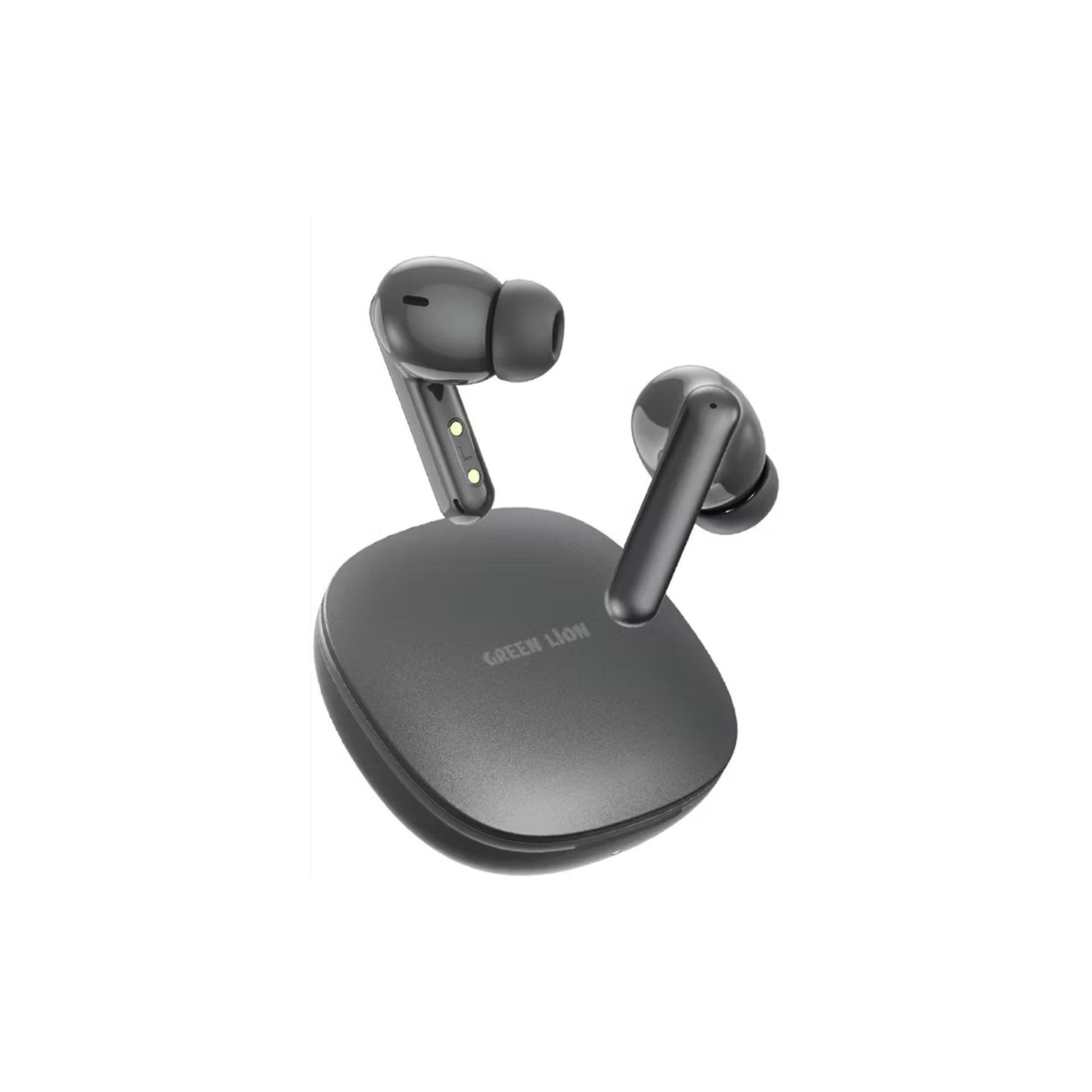 Black wireless earbuds with charging case on a white background