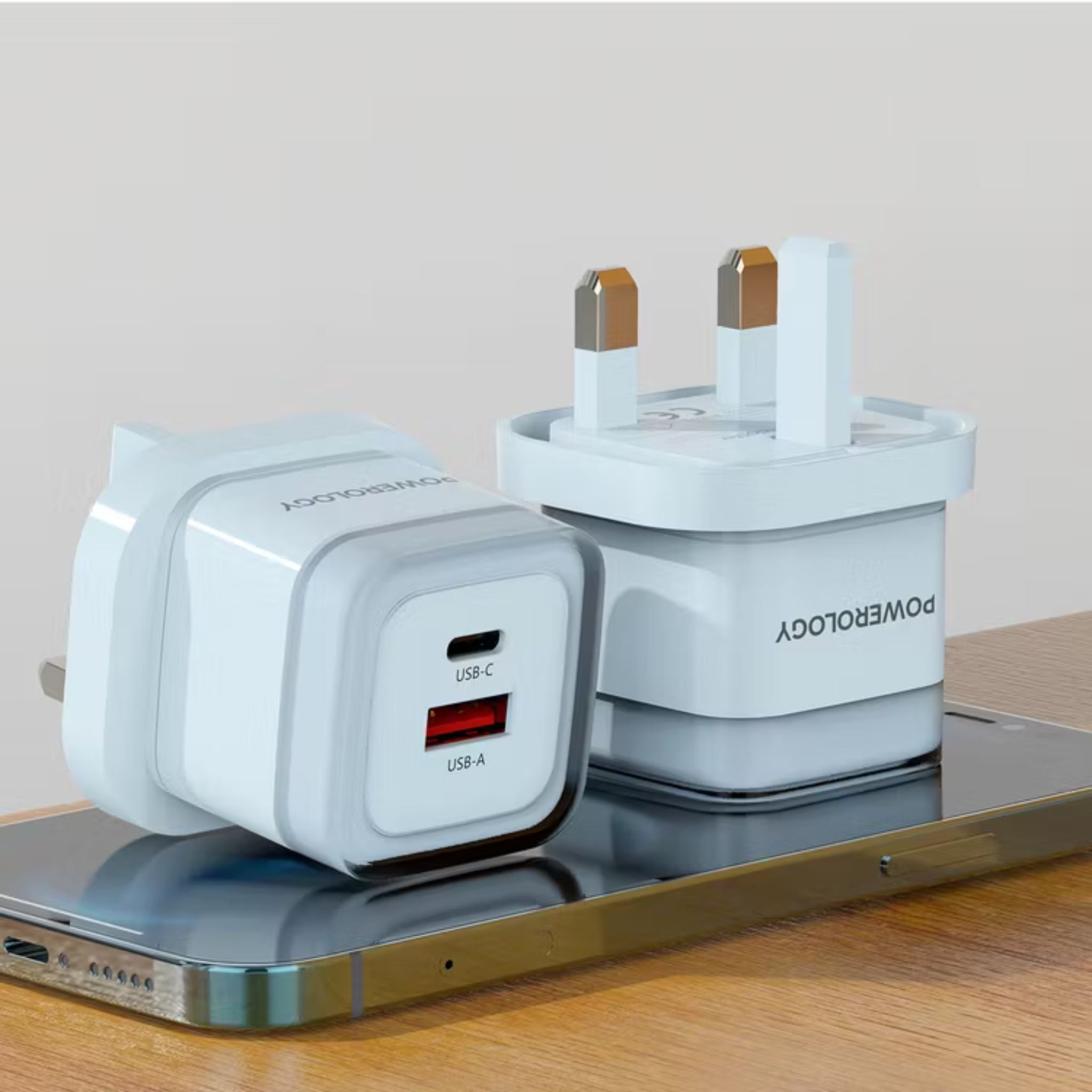 Powerology Lunex Dual-Port Fast Charging Adapter with USB-C & USB-A Ports, 35W Power Delivery, 22.5W USB-A Output, UK 3-Pin Plug, Universal Protocol Support, Multi-Device Charging - Blue