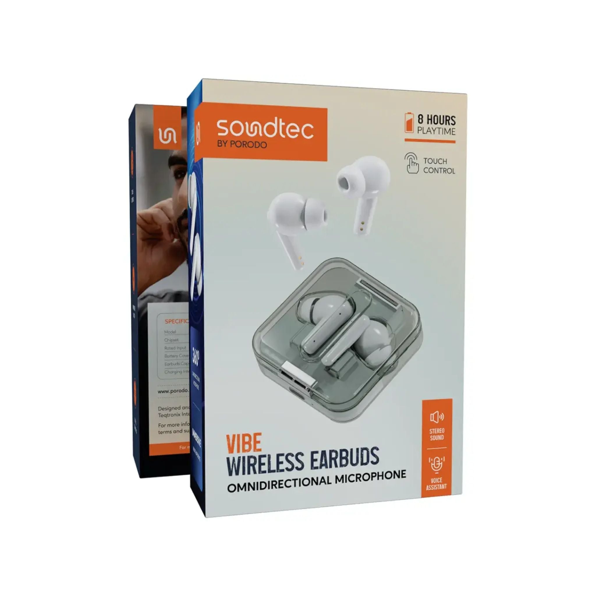 Porodo Soundtec Vibe Wireless Earbuds with Omnidirectional Microphone, Up to 9 Hours Playtime, Type-C Charging Port, Bluetooth Version 5.3, 10m Transmission Range, Immersive Audio, Voice Assistant, Stereo Sound - White