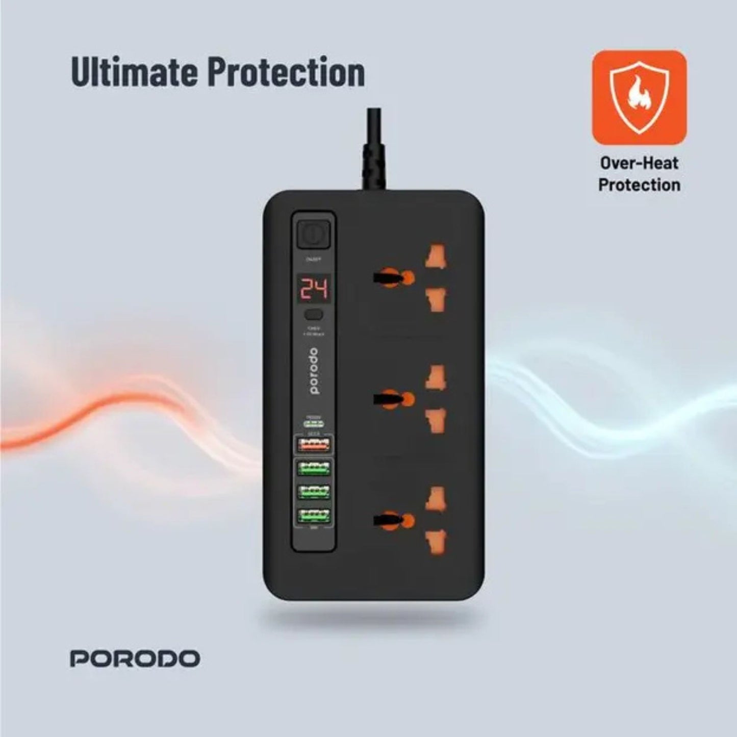 Porodo Multi-Port Power HUB with Power Button & Timer, Over-Heat Protection, 4 USB-A, 1 USB-C, 2m Power Cord - Black