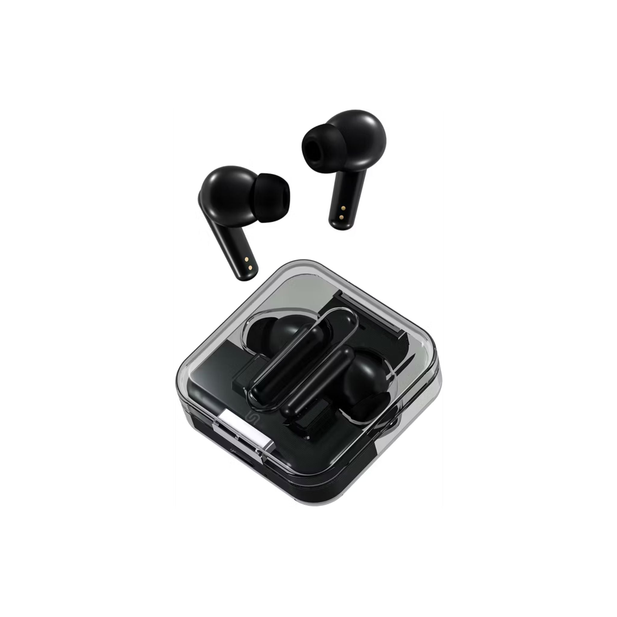 Black wireless earbuds with charging case on a white background