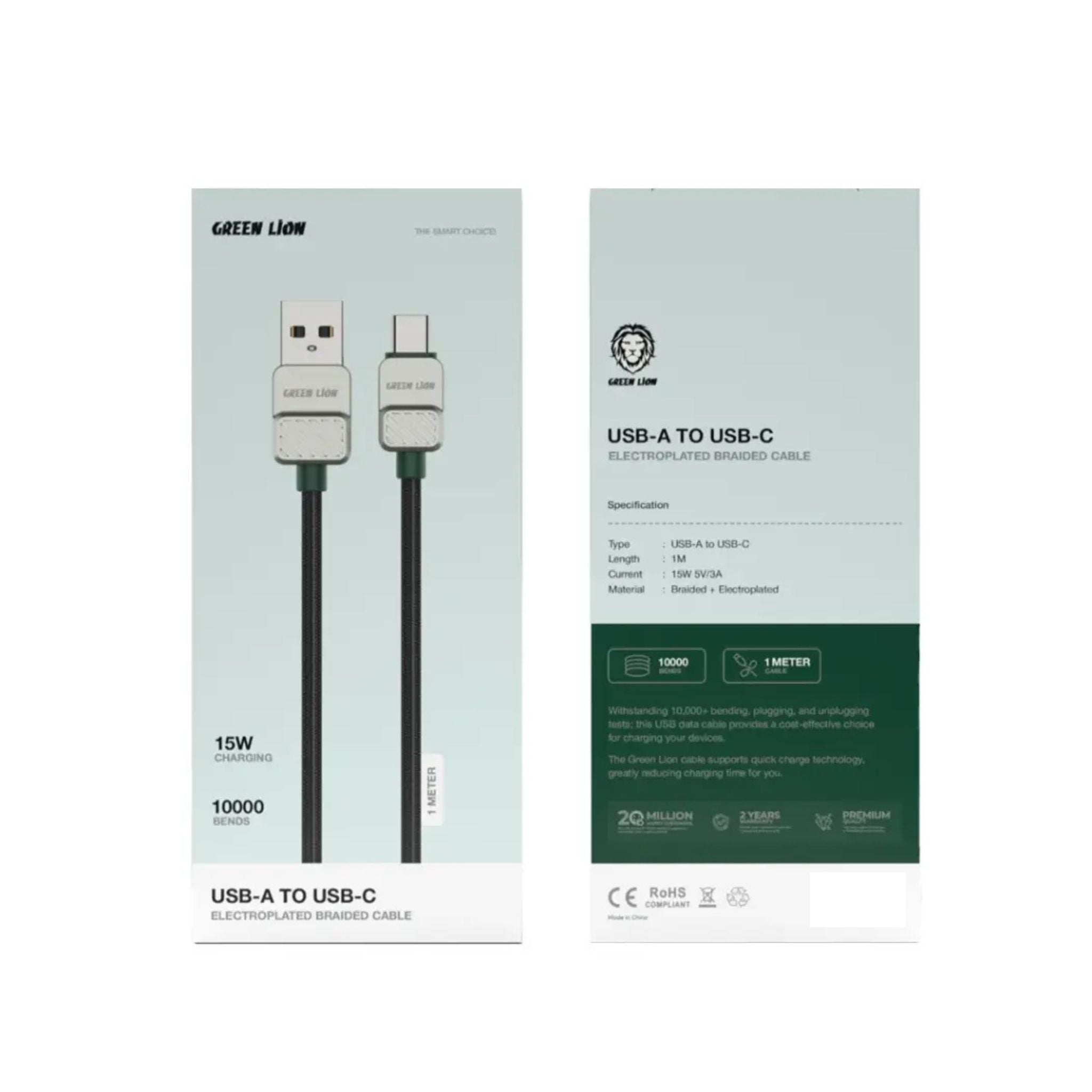 Green Lion USB-A to USB-C Electroplated Cable with 15W Current, 1m Cable Length, Braided Outer Material, 480Mbps Transfer Speed, 10,000 Bends Lifespan - Black / Green