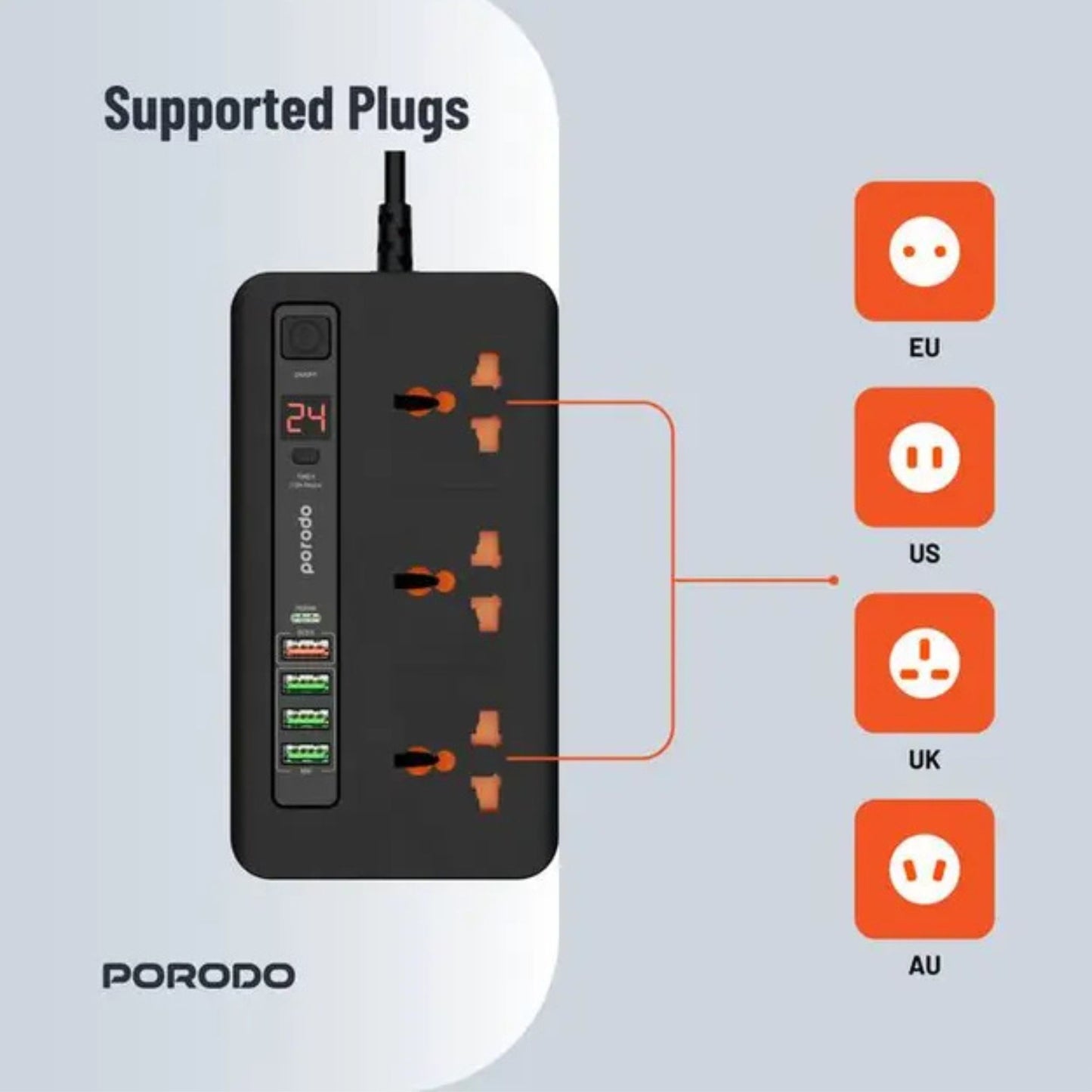 Porodo Multi-Port Power HUB with Power Button & Timer, Over-Heat Protection, 4 USB-A, 1 USB-C, 2m Power Cord - Black