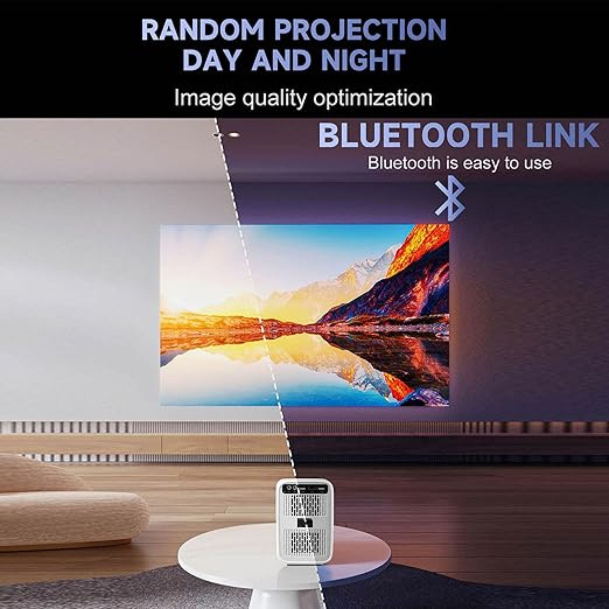 Umiio U20 Portable Projector with 200 ANSI Lumens, 2.4/5G WiFi, Bluetooth, HDMI, USB, Audio. Features built-in speaker, Android 9, 4K support, auto keystone, and stand. Ideal for movies, music, TV, gaming, office, and meetings_White