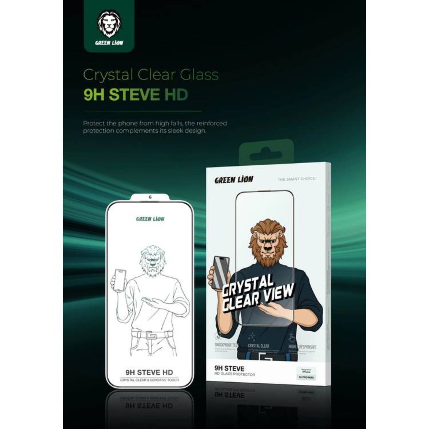 Green Lion 9H Steve HD Glass Protector for iPhone 16 Pro Max, Bubble Free, Highly Responsive, Anti Fingerprint, Anti Scratch - Clear