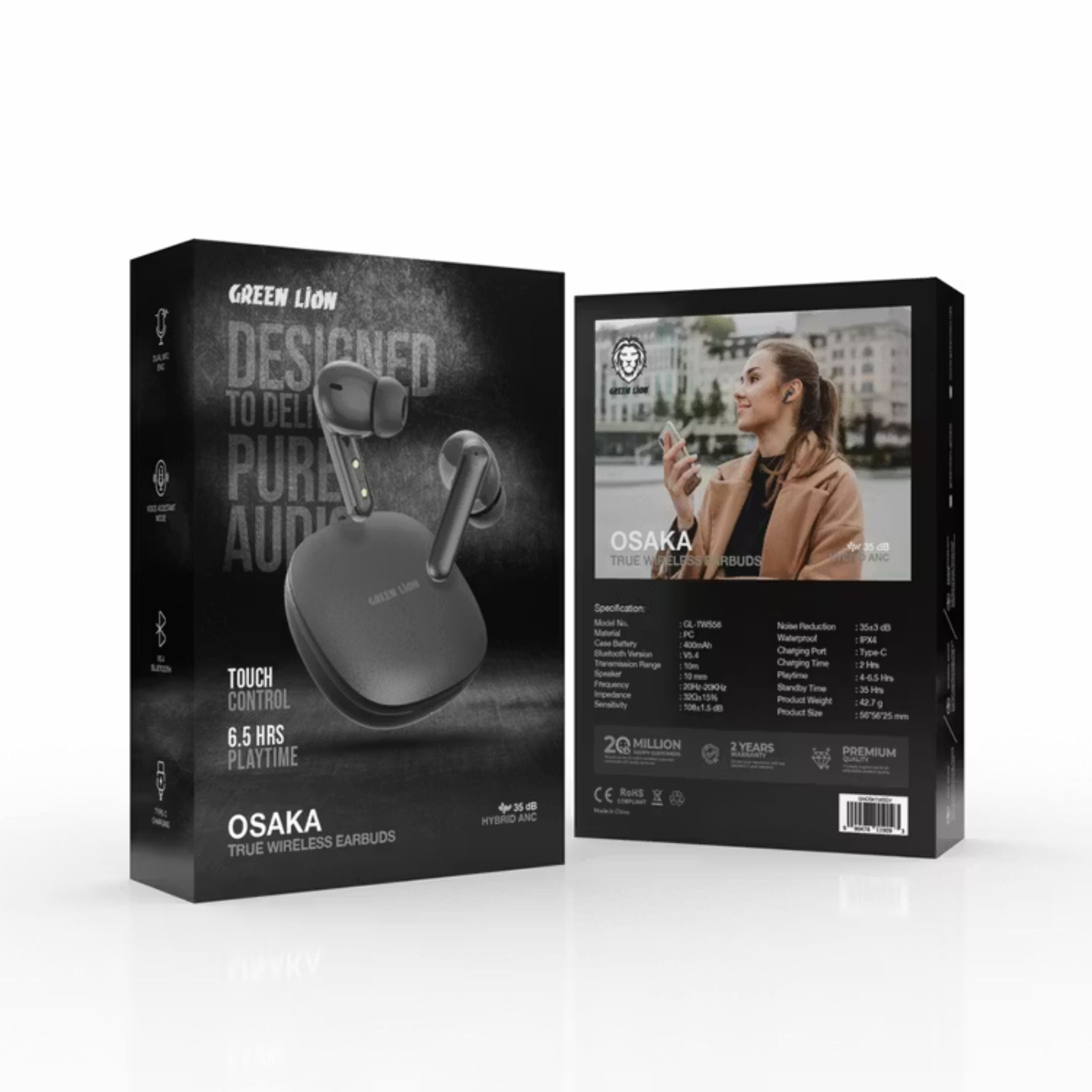 Green Lion Osaka True Wireless Earbuds with Hybrid ANC, Voice Assistant Mode, Touch Control, Dual Mic ENC, 10 Meters Transmission Range