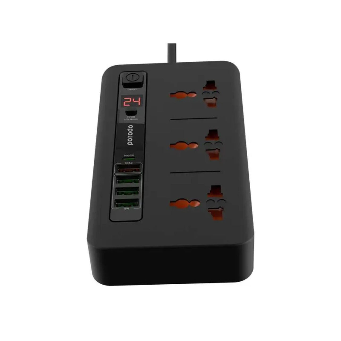 Porodo Multi-Port Power HUB with Power Button & Timer, Over-Heat Protection, 4 USB-A, 1 USB-C, 2m Power Cord - Black