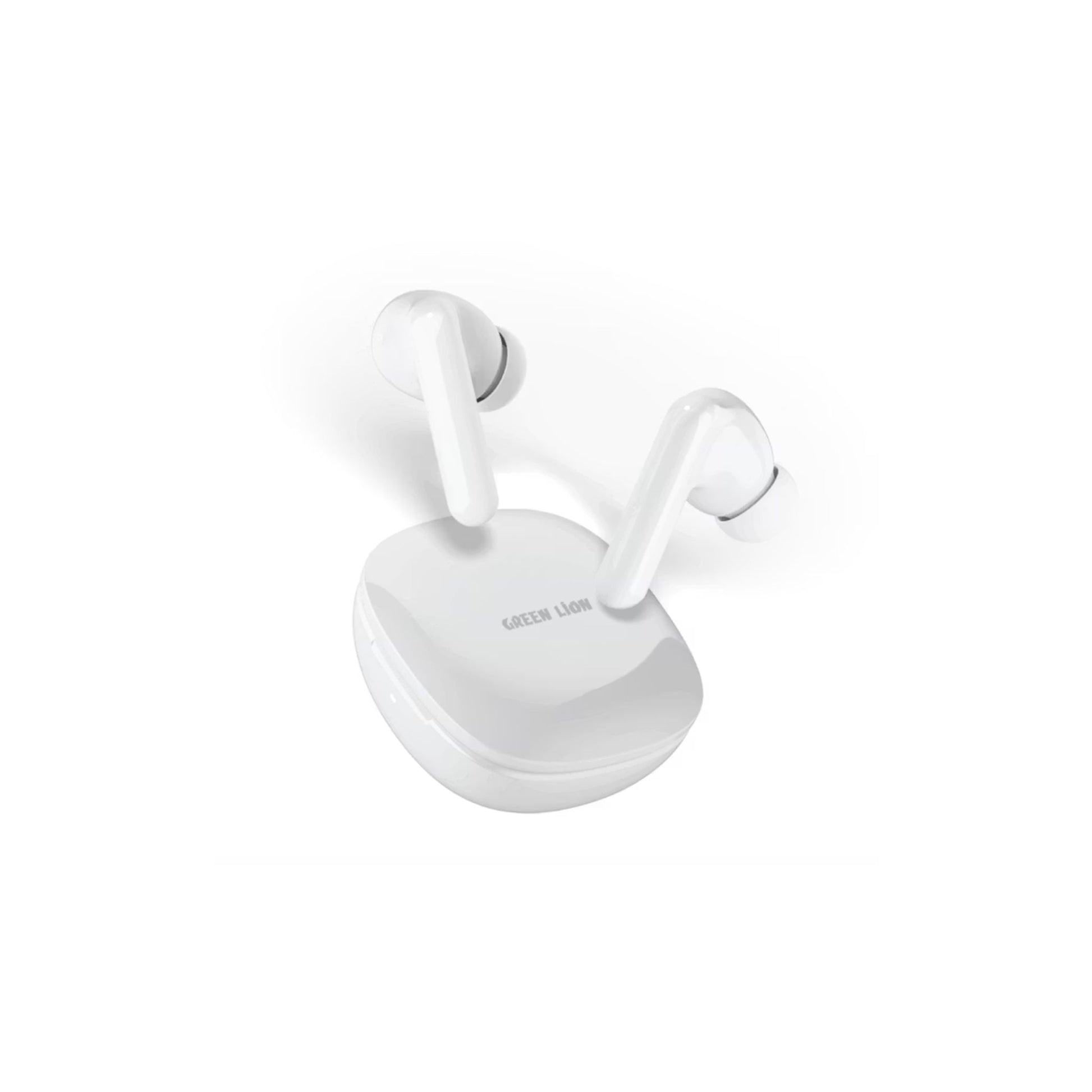 White wireless earbuds with charging case on a white background