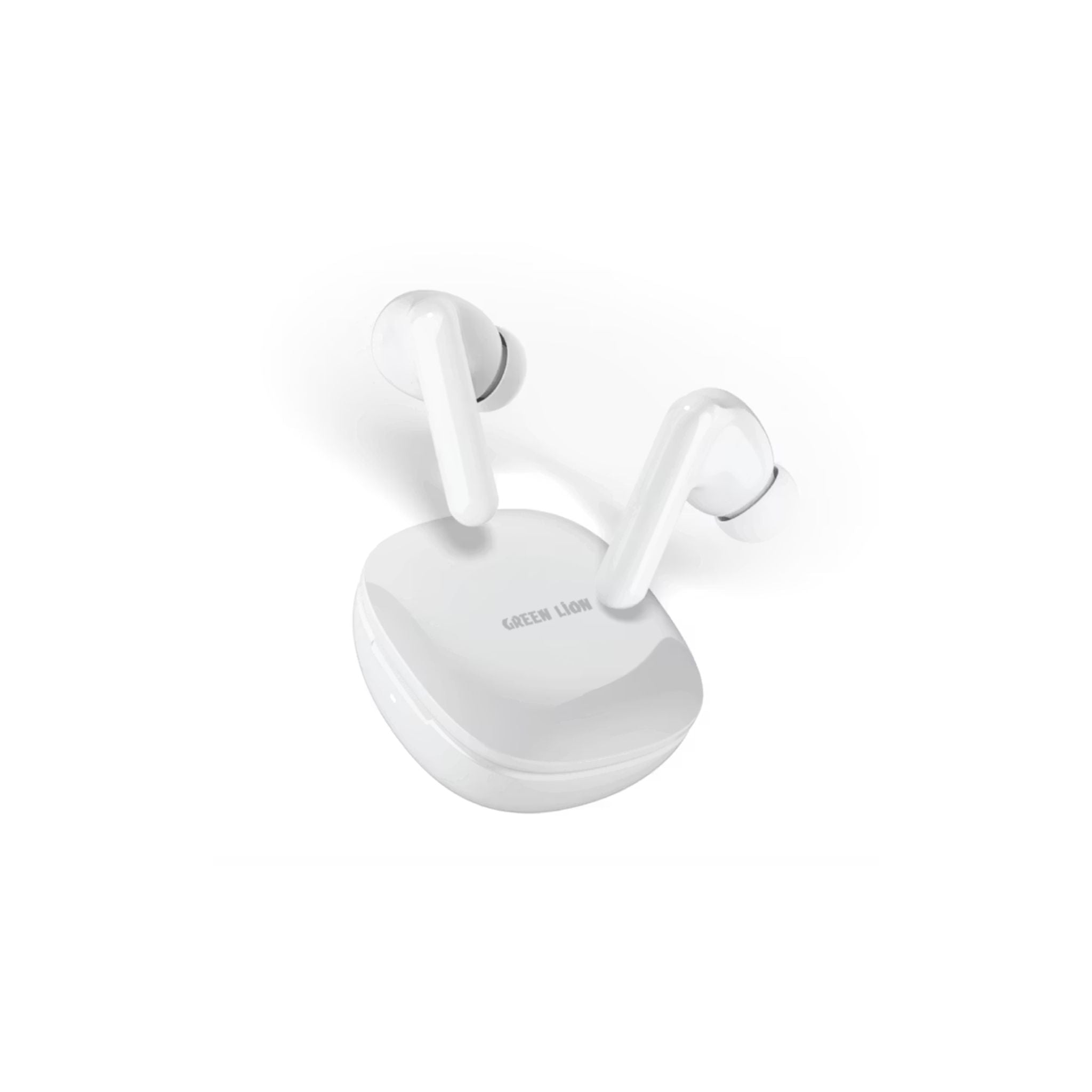 White wireless earbuds with charging case on a white background