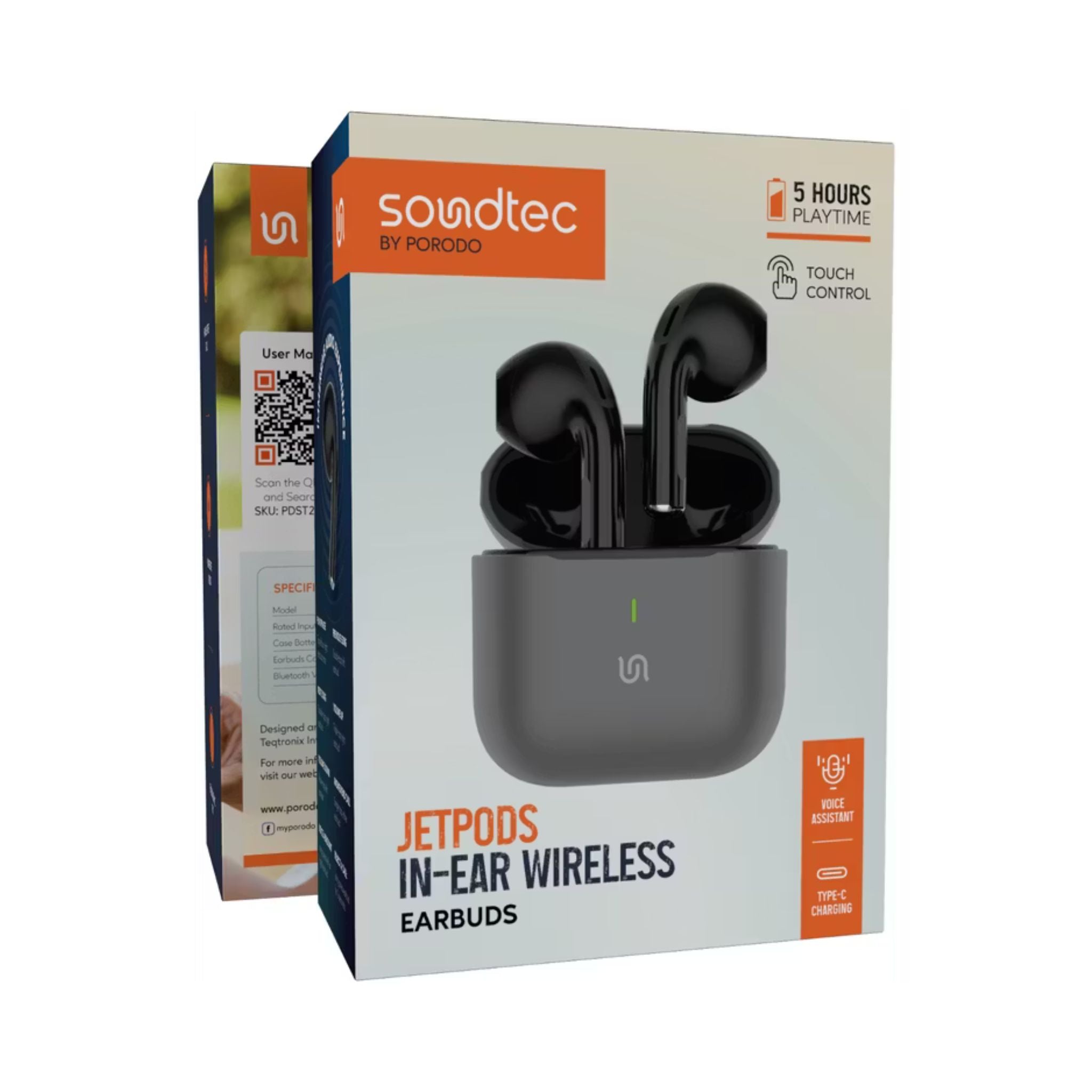 Porodo Soundtec Jetpods In-Ear Wireless Earbuds with 5 Hours Music Playback Time, Bluetooth Version 5.4, 10m Transmission Range, Type-C Charging, Immersive Audio, Ergonomic Fit, Hands-Free Call - Black