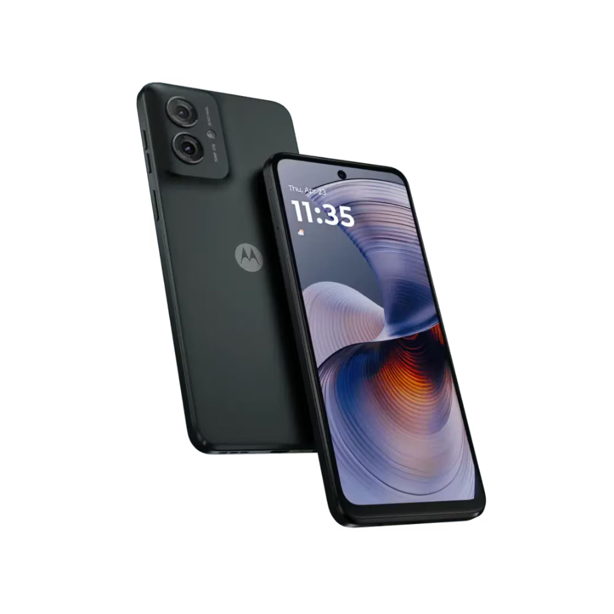 Motorola smartphone showing front and back on a white background