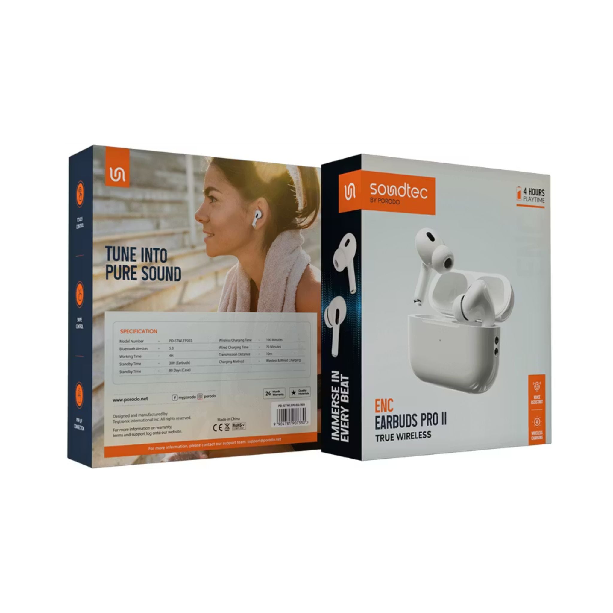 Porodo Soundtec ENC Earbuds Pro II True Wireless with 4 Hours Working Time, Wireless Charging Compatibility, 10m Transmission Distance, 30 Hours Earbuds Standby Time - White