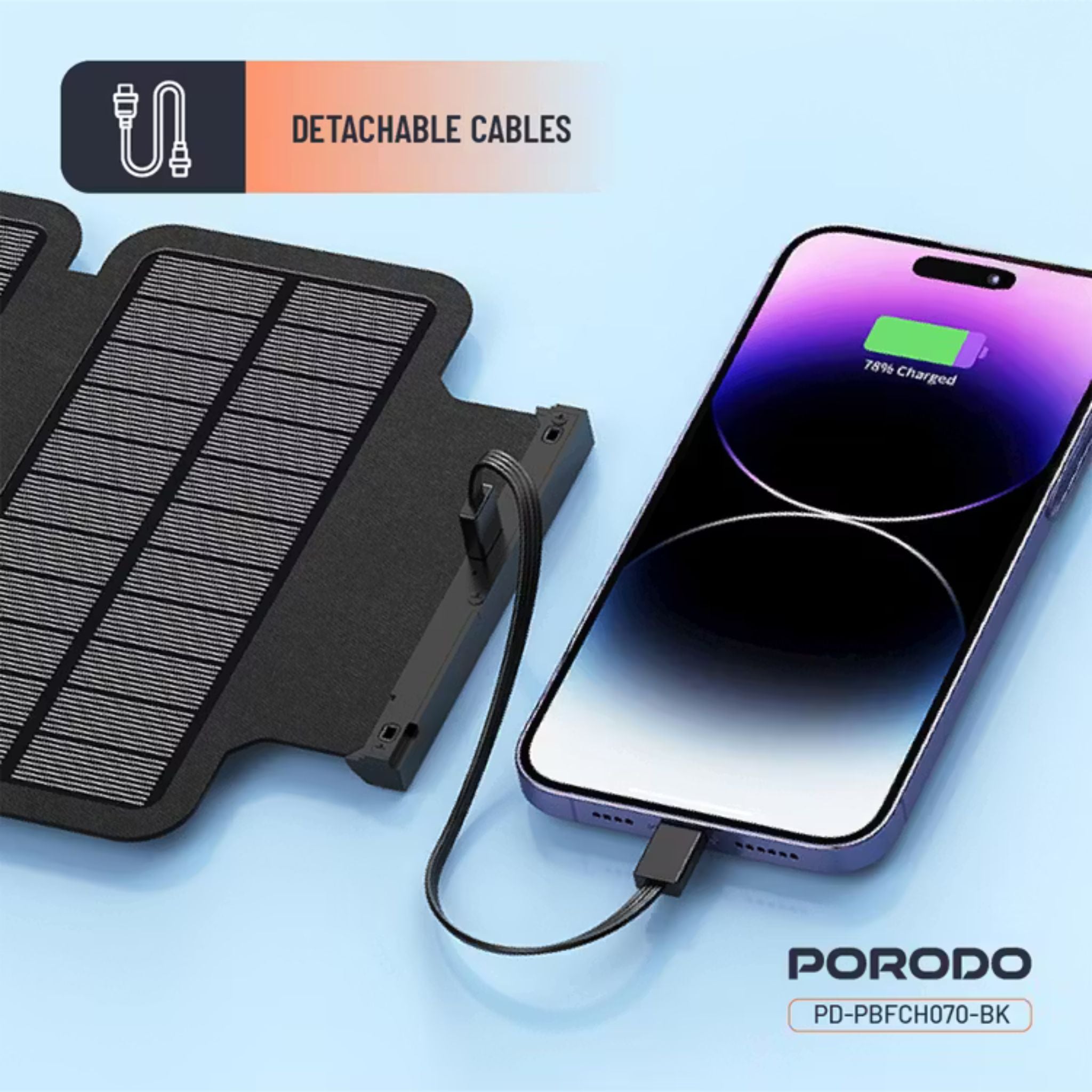 Porodo 20000mAh 4-Panel Solar Power Bank with 20W Power Delivery, Multi-Mode Flashlight, 10W Micro USB Input, Detachable Panels & Cables, - Black