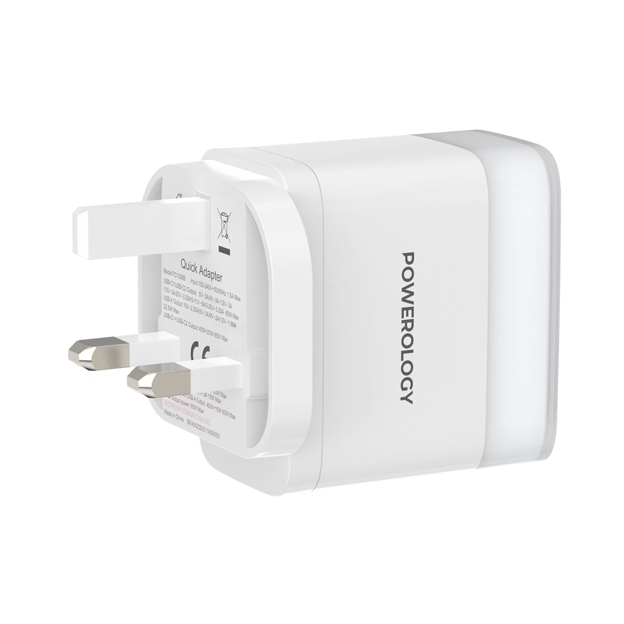 Powerology Lunex Series 3-Port Fast Charging Adapter with UK 3-Pin Power Plug, 65W PD USB-C Output, 22.5W QC USB-A Output, Multi-Device Charging, Powerful Laptop Charging, Universal Protocol Support - White