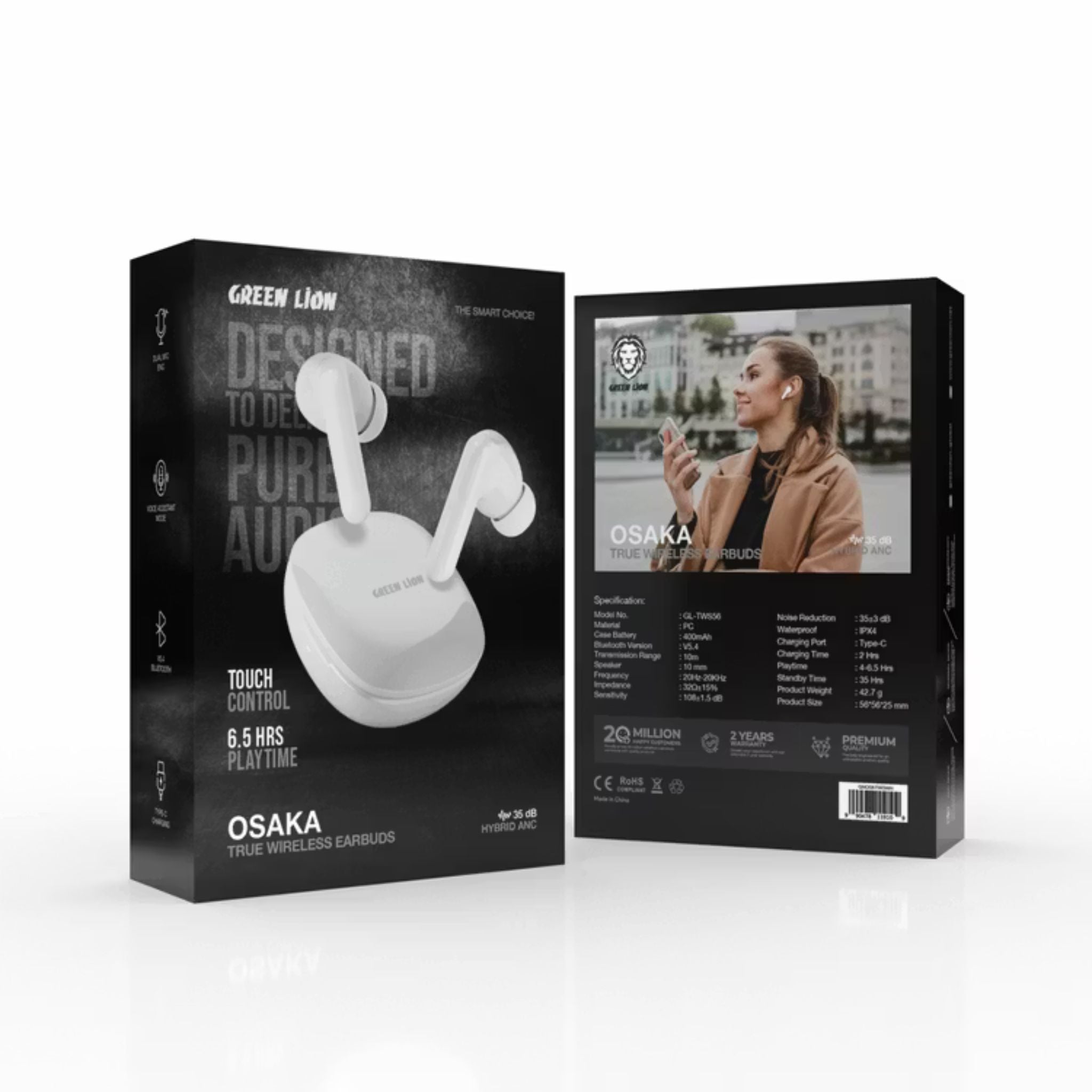 Green Lion Osaka True Wireless Earbuds with Hybrid ANC, Voice Assistant Mode, Touch Control, Dual Mic ENC, 10 Meters Transmission Range