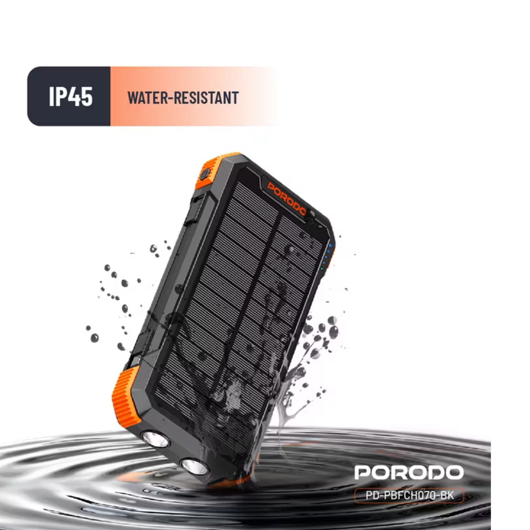 Porodo 20000mAh 4-Panel Solar Power Bank with 20W Power Delivery, Multi-Mode Flashlight, 10W Micro USB Input, Detachable Panels & Cables, - Black