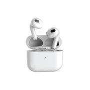 White wireless earbuds with charging case on a white background