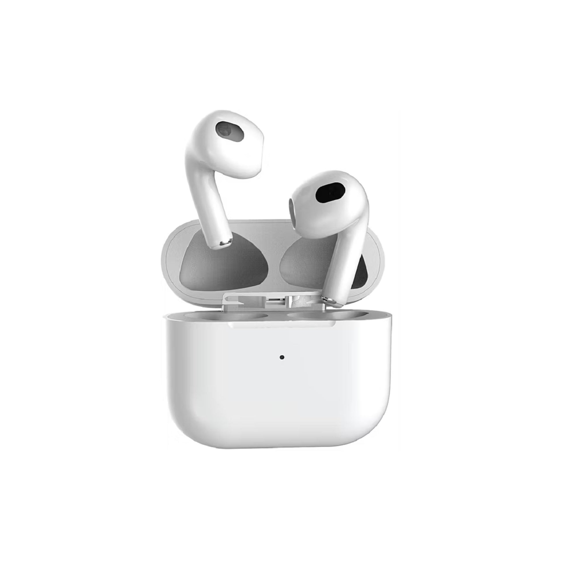 White wireless earbuds with charging case on a white background