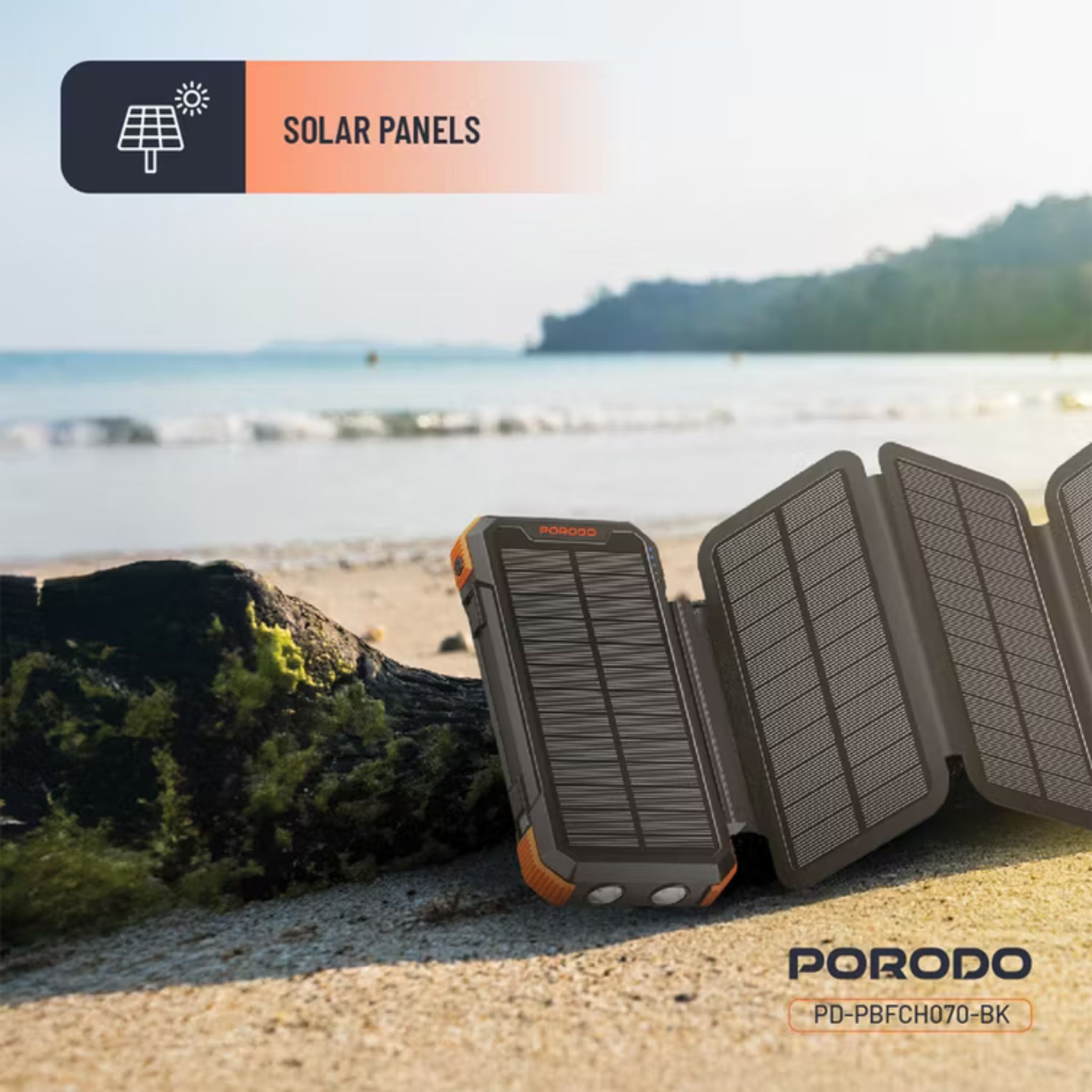 Porodo 20000mAh 4-Panel Solar Power Bank with 20W Power Delivery, Multi-Mode Flashlight, 10W Micro USB Input, Detachable Panels & Cables, - Black