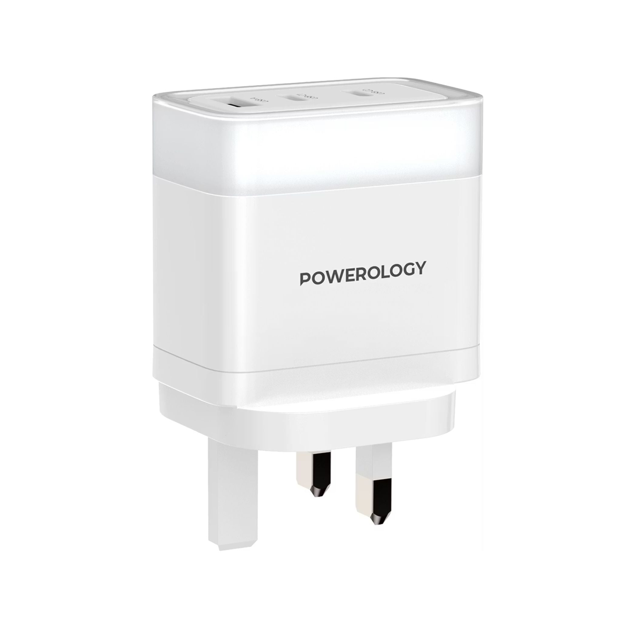 Powerology Lunex Series 3-Port Fast Charging Adapter with UK 3-Pin Power Plug, 65W PD USB-C Output, 22.5W QC USB-A Output, Multi-Device Charging, Powerful Laptop Charging, Universal Protocol Support - White