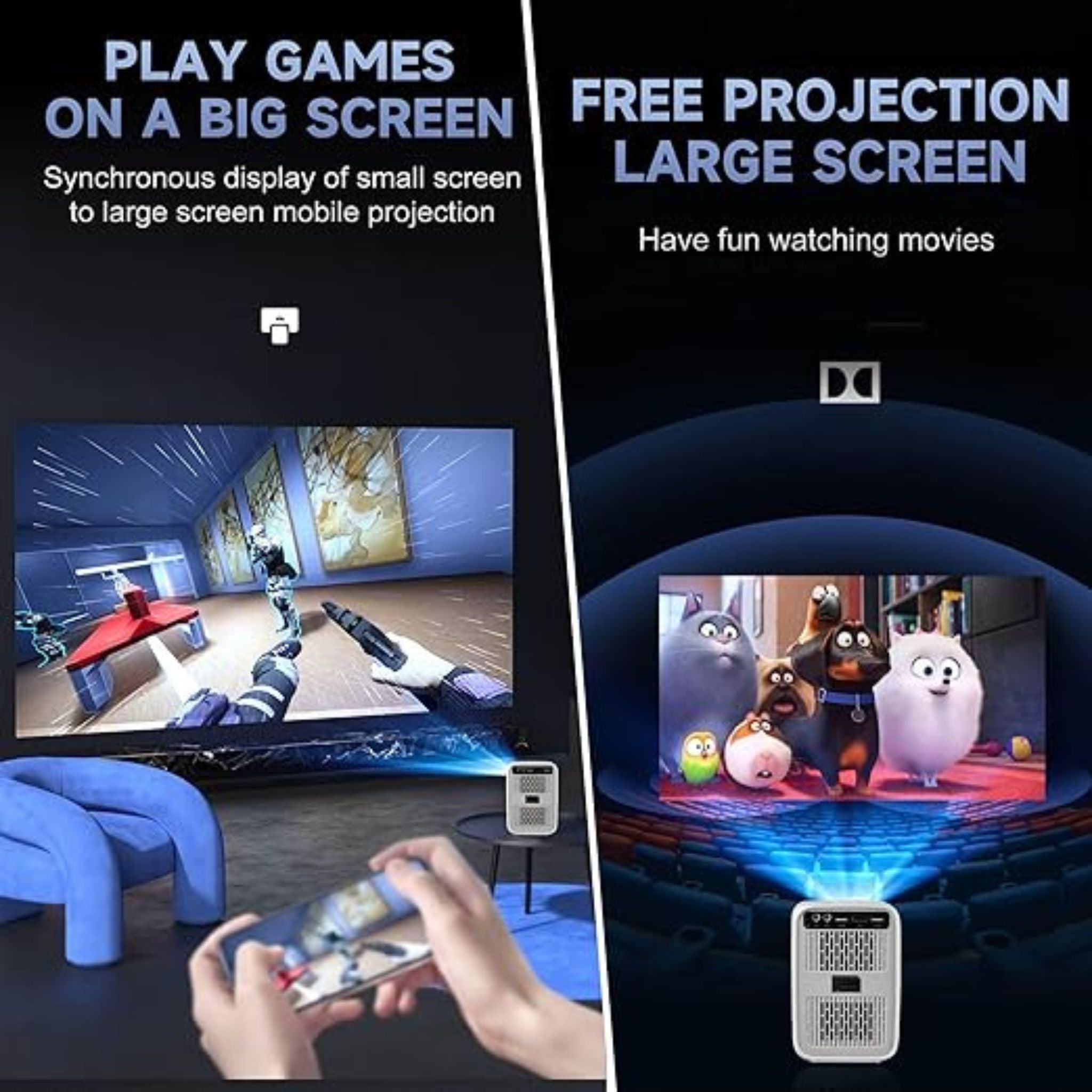 Umiio U20 Portable Projector with 200 ANSI Lumens, 2.4/5G WiFi, Bluetooth, HDMI, USB, Audio. Features built-in speaker, Android 9, 4K support, auto keystone, and stand. Ideal for movies, music, TV, gaming, office, and meetings_White