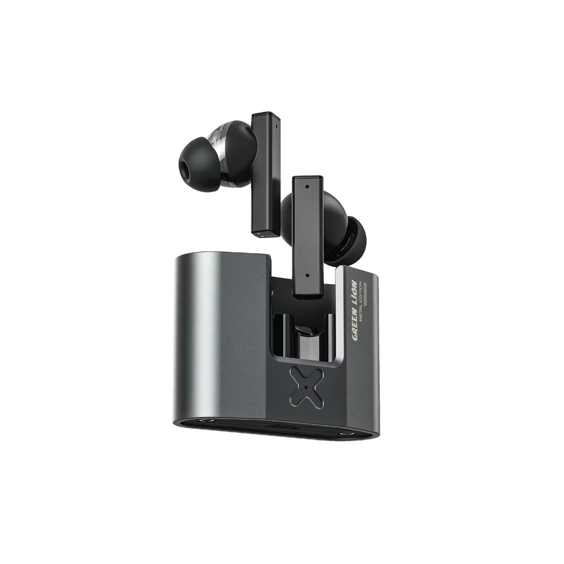 Black wireless earbuds with charging case on a white background