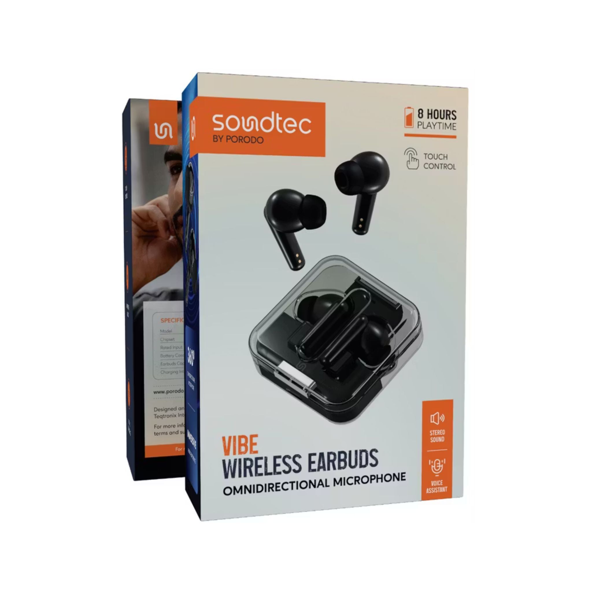 Porodo Soundtec Vibe Wireless Earbuds with Omnidirectional Microphone, Up to 9 Hours Playtime, Type-C Charging Port, Bluetooth Version 5.3, 10m Transmission Range, Immersive Audio, Voice Assistant, Stereo Sound - Black
