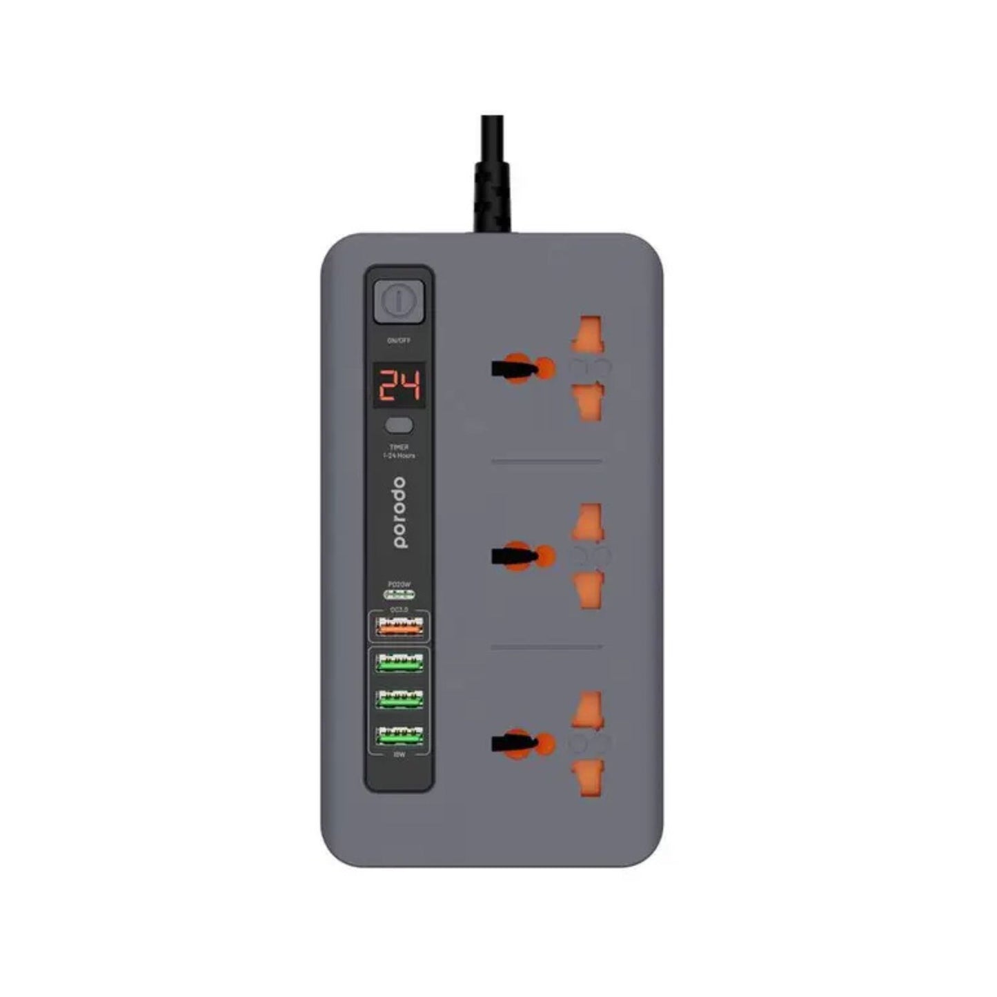 Porodo Multi-Port Power HUB with Power Button & Timer, Over-Heat Protection, 4 USB-A, 1 USB-C, 2m Power Cord - Gray